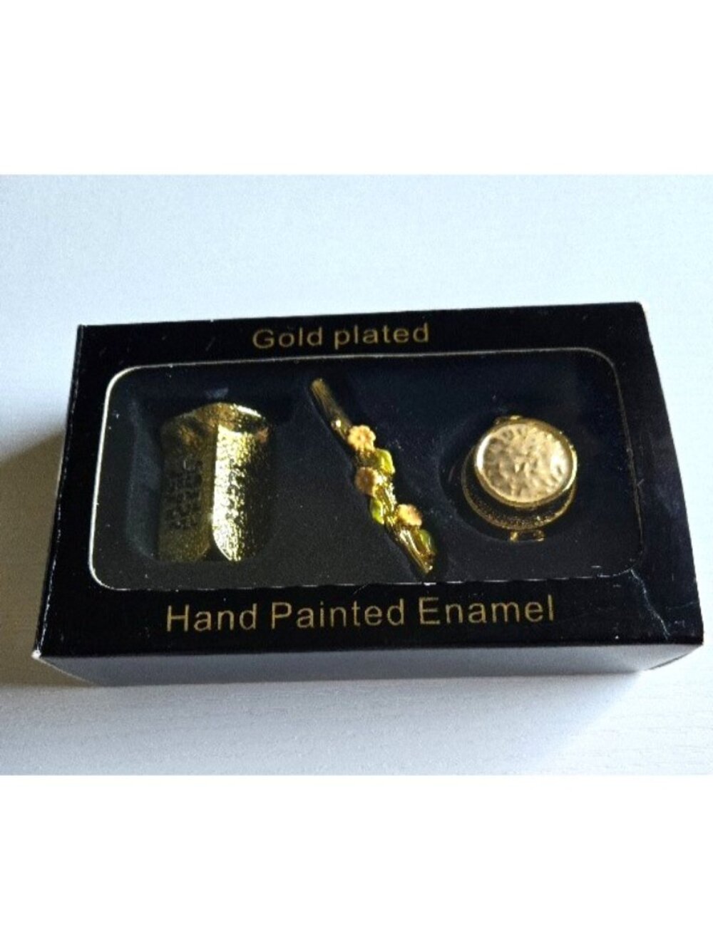 Gold Plated Enamel Miniature Rod Of Aron Manna Dish 10 Commandments Ark Covenant